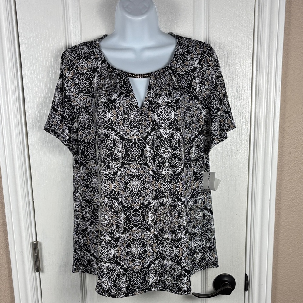 Notations‎ Women's Keyhole Short Sleeve Black/White/Tan Floral Blouse Large NWT